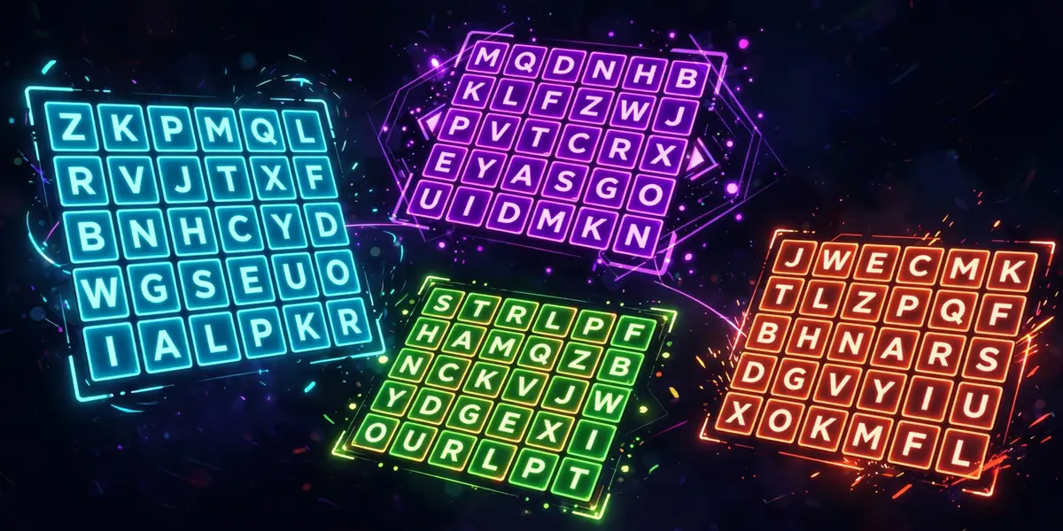 Word games with six letter words on glowing boards