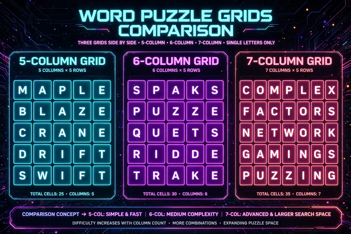 Wordle variants compared with 5, 6 and 7 letter grids